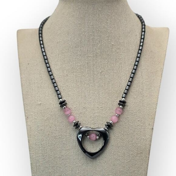 Pink Cat’s Eye & Hematite Heart Necklace Fairy Goth Coquette Dark Academia Y2K - Picture 5 of 7
